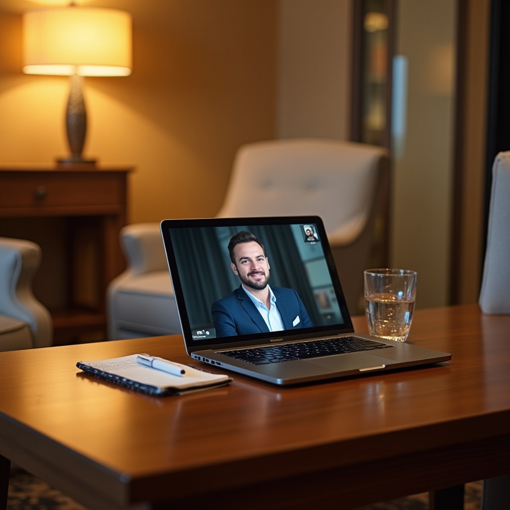 Warm hotel lobby business center setup with a laptop open on a video call interface, comfortable seating, soft ambient lighting and a privacy screen, ready for a professional consultation