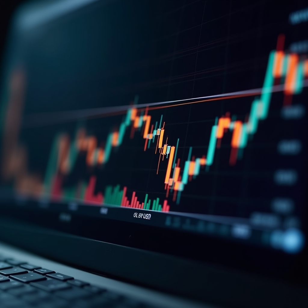 Close-up of EUR/USD price chart showing candlestick patterns and technical analysis indicators on a trading platform