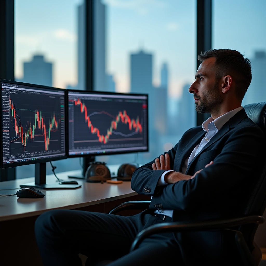 Experienced male trader in his late forties, wearing a dark suit, studying multiple currency charts on dual monitors in a modern office with city views