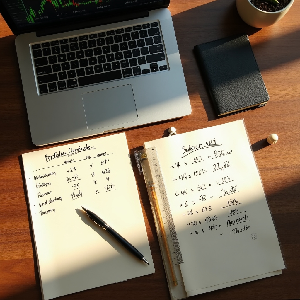 Overhead view of a trader's desk with risk management notes, position sizing calculations and a laptop showing portfolio overview