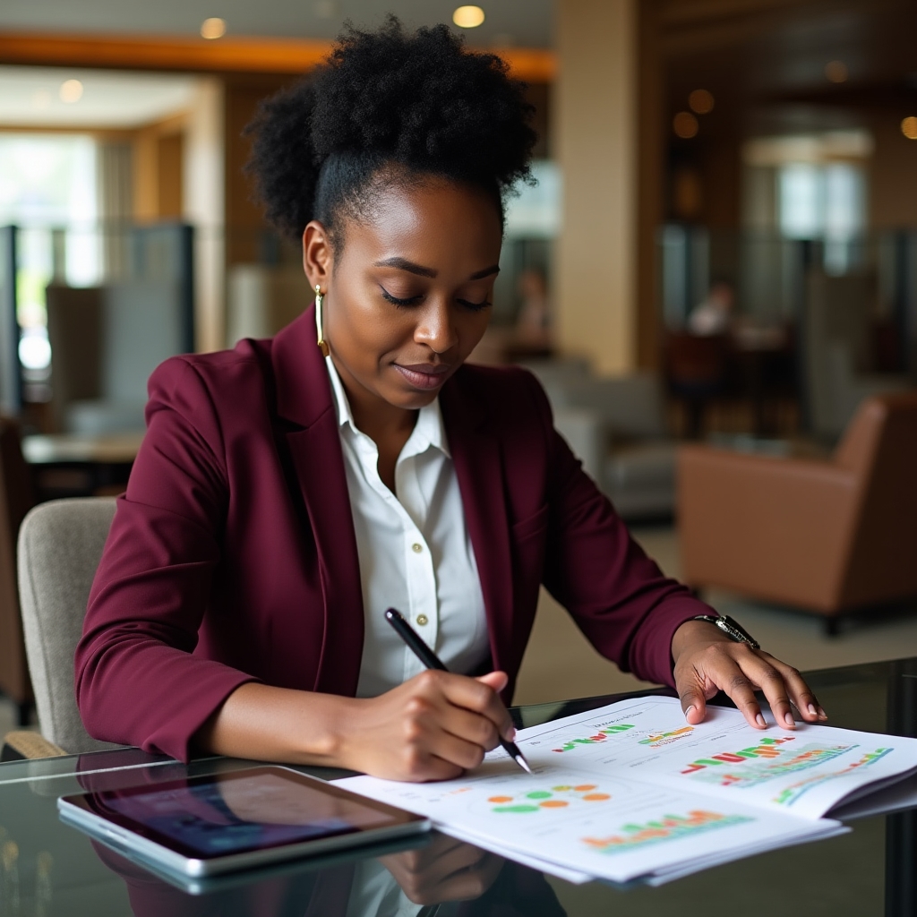 Financial professional in her early fifties reviewing a risk management framework document at a glass desk, with a tablet showing portfolio risk metrics beside her, warm side lighting