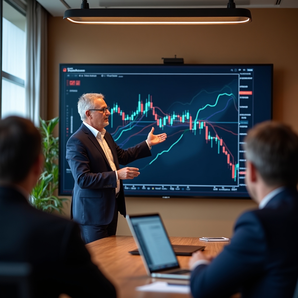 Professional trading educator presenting currency market concepts on a large screen to a small group in a modern conference room